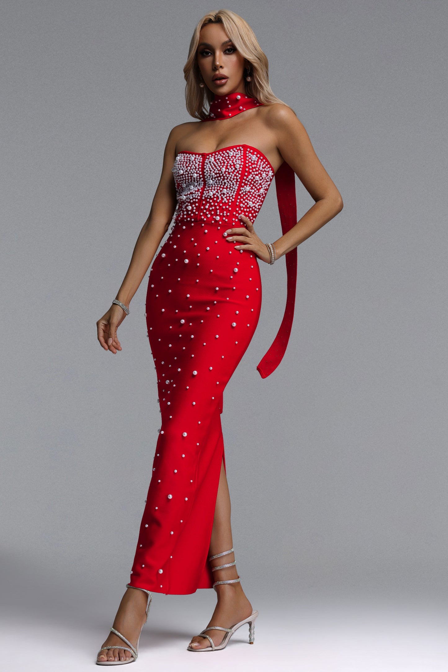 Dierea Glamorous Contour Strapless Pearl Bandage Red Maxi Dress