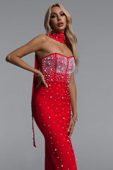 Dierea Glamorous Contour Strapless Pearl Bandage Red Maxi Dress