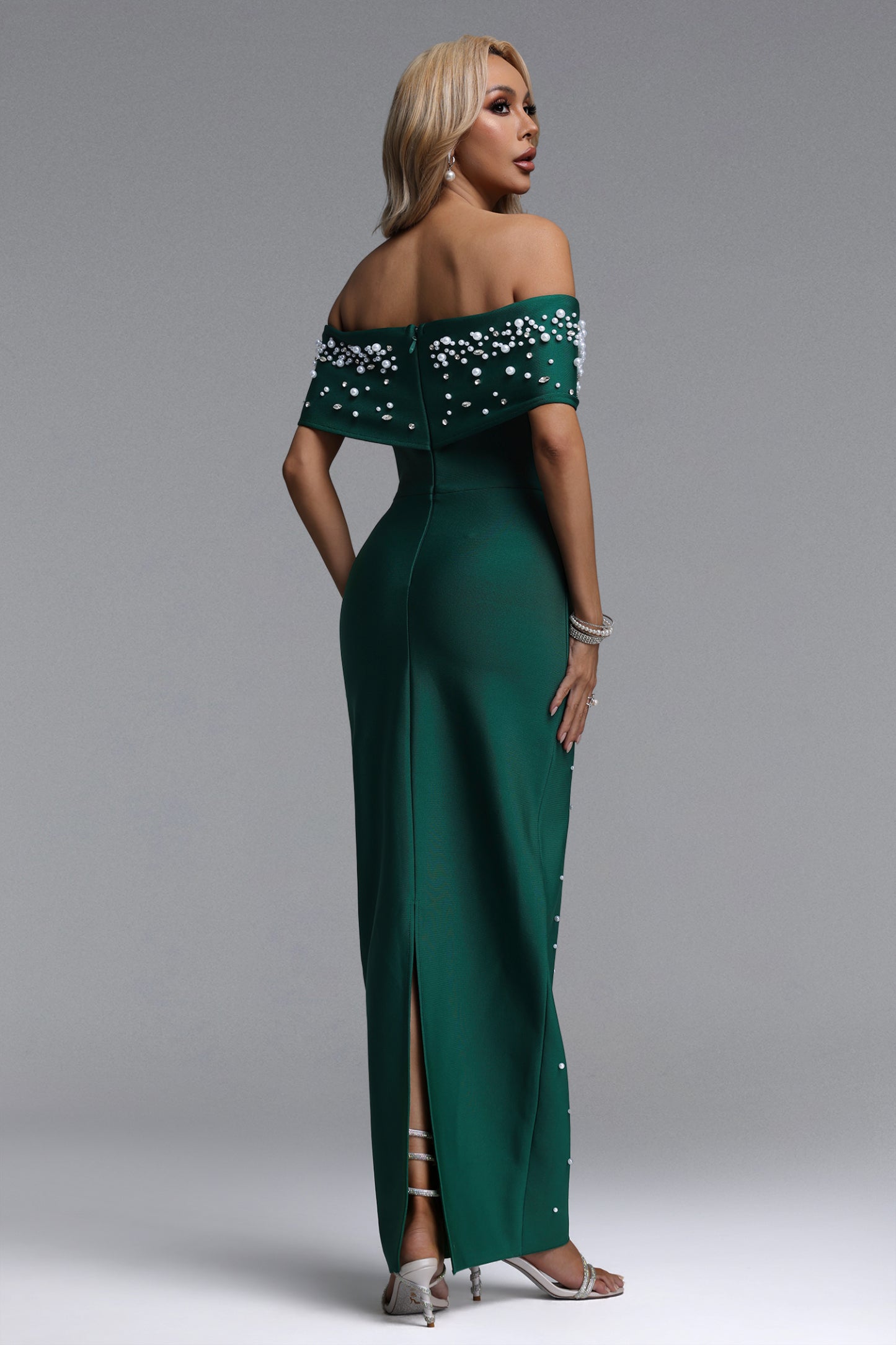 Isme Elegant Contour Off Shoulder Pearl Rhinestone Bandage Green Maxi Dress