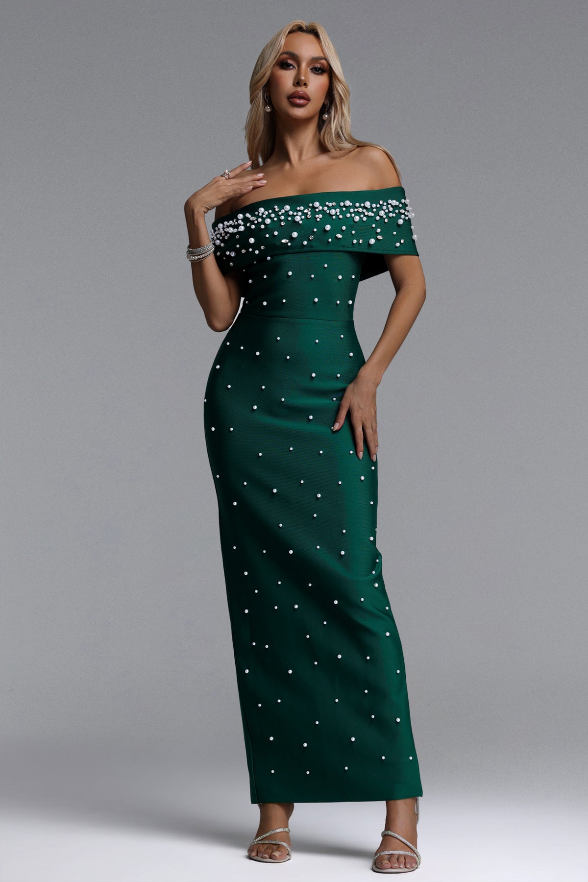 Isme Elegant Contour Off Shoulder Pearl Rhinestone Bandage Green Maxi Dress