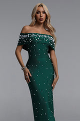 Isme Elegant Contour Off Shoulder Pearl Rhinestone Bandage Green Maxi Dress