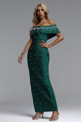 Isme Elegant Contour Off Shoulder Pearl Rhinestone Bandage Green Maxi Dress