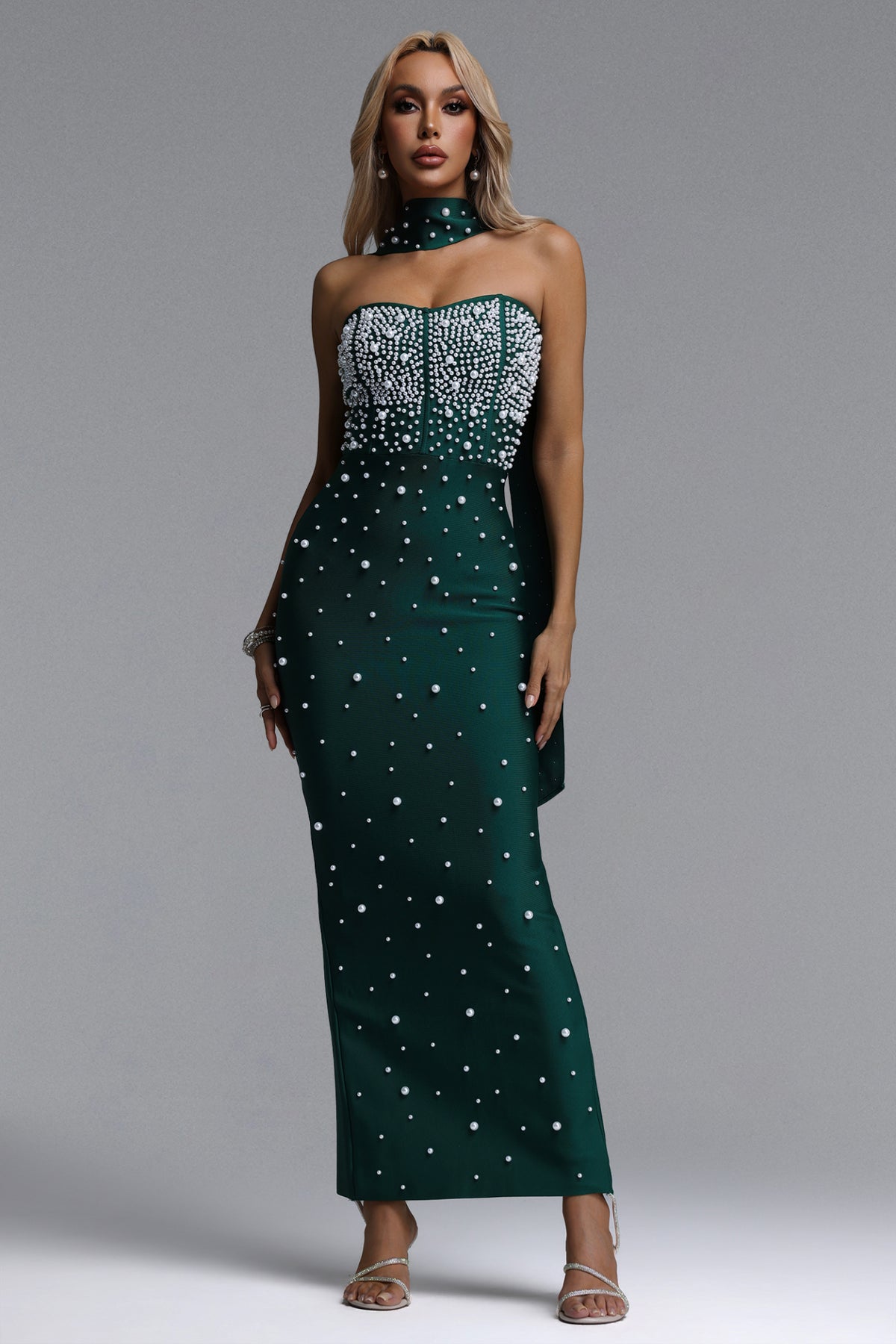 Dierea Glamorous Contour Strapless Pearl Bandage Green Maxi Dress