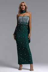 Dierea Glamorous Contour Strapless Pearl Bandage Green Maxi Dress