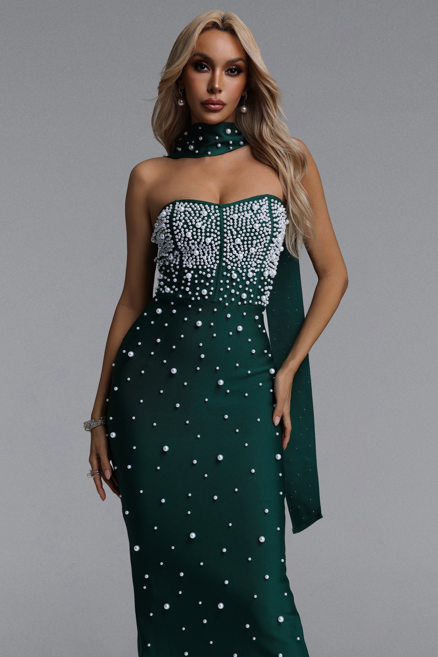 Dierea Glamorous Contour Strapless Pearl Bandage Green Maxi Dress