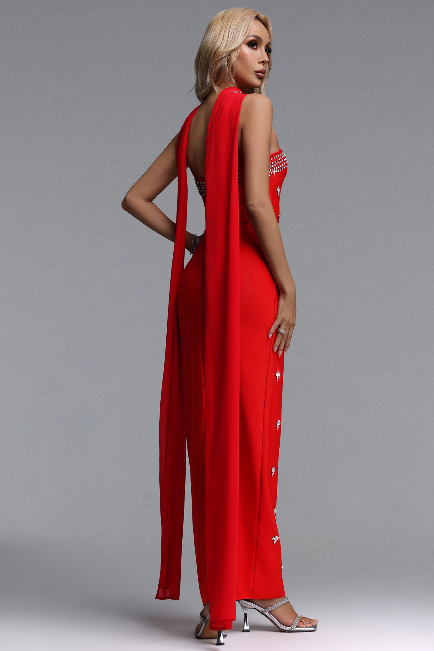 Marina Glamorous Contour Strapless Rhinestone Red Bandage Maxi Dress