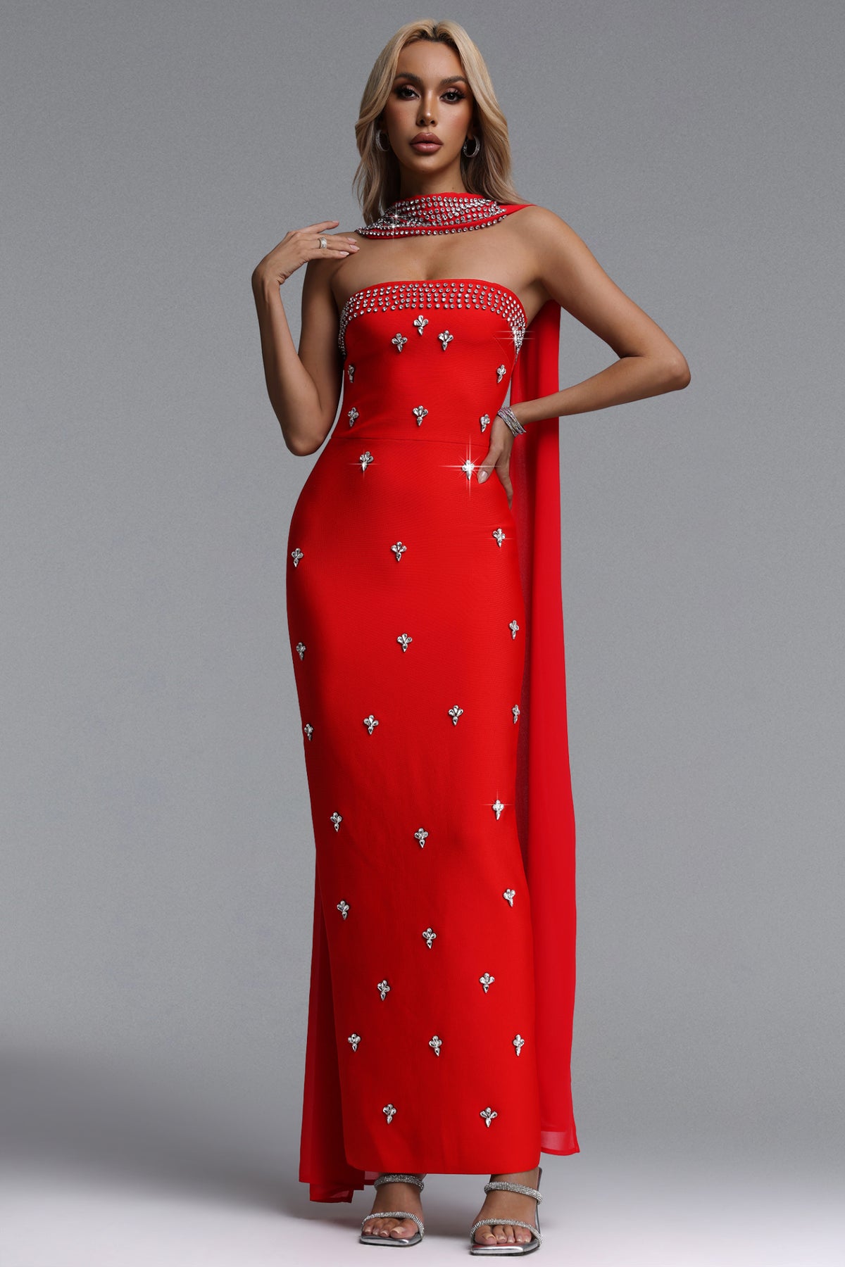 Marina Glamorous Contour Strapless Rhinestone Red Bandage Maxi Dress