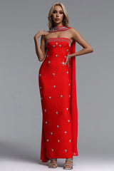 Marina Glamorous Contour Strapless Rhinestone Red Bandage Maxi Dress