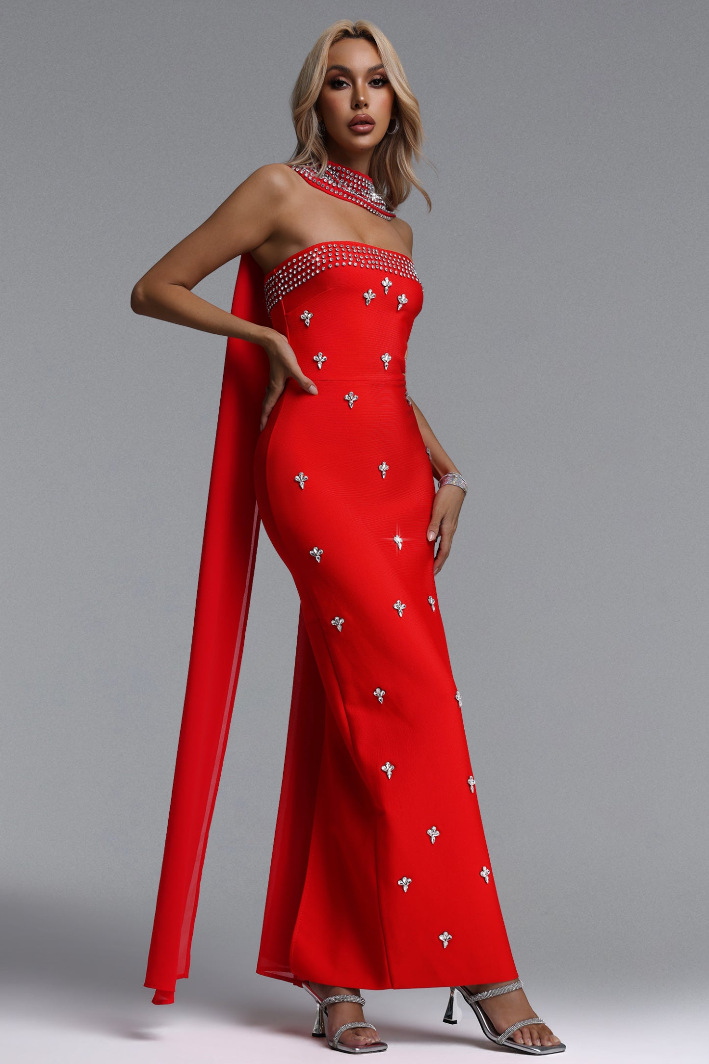 Marina Glamorous Contour Strapless Rhinestone Red Bandage Maxi Dress