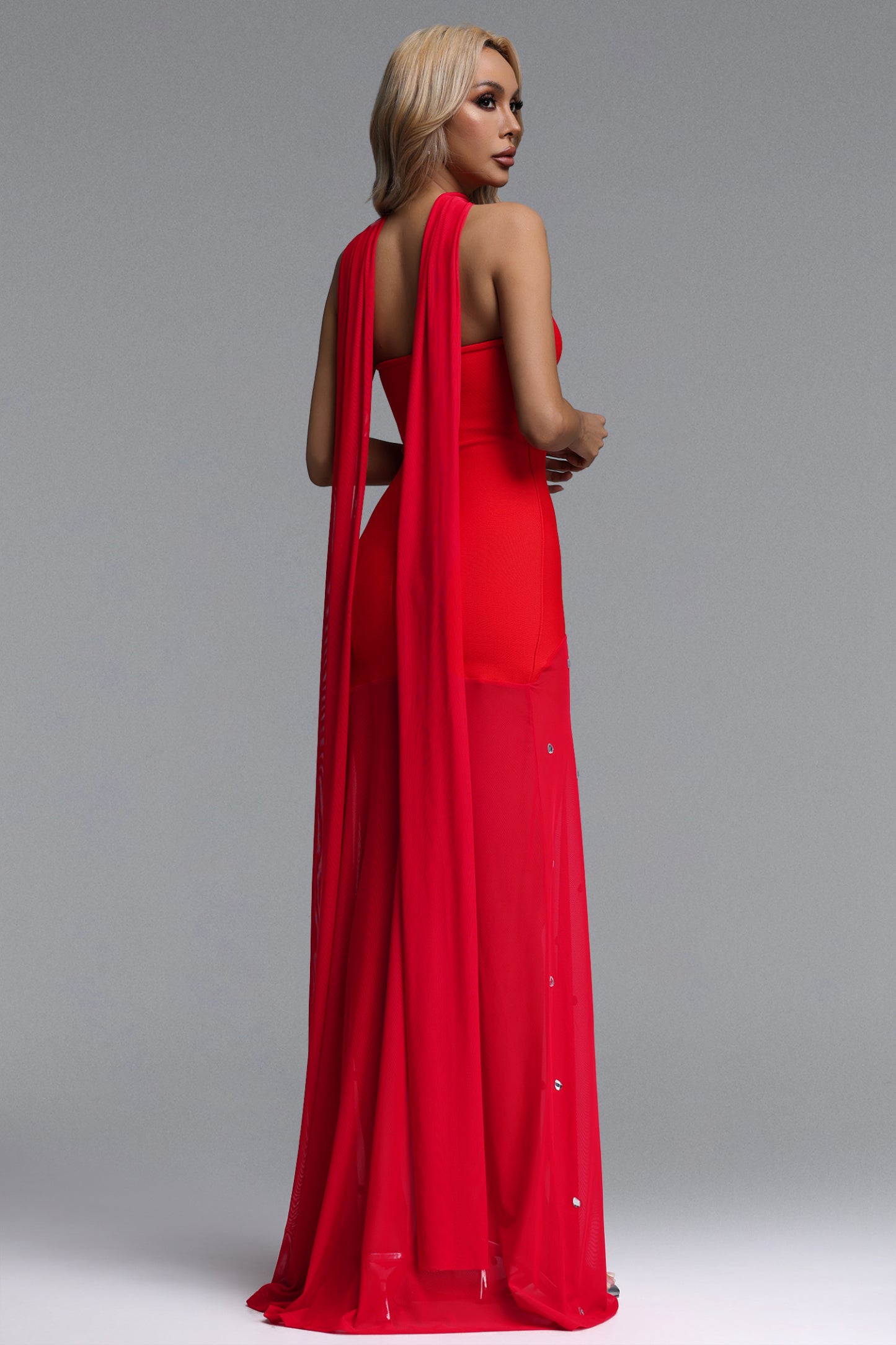 Zenobia Classic Contour Strapless Rhinestone Bandage Mesh Red Maxi Dress
