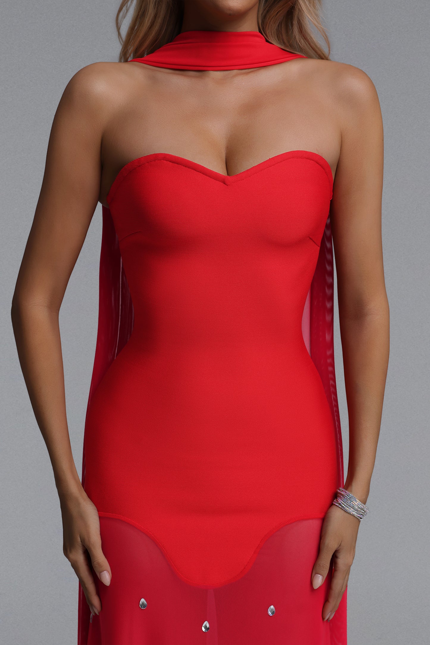 Zenobia Classic Contour Strapless Rhinestone Bandage Mesh Red Maxi Dress