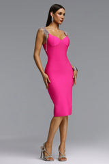 Eleni Chic Contour Rhinestone Fringe Strap Bandage Midi Dress