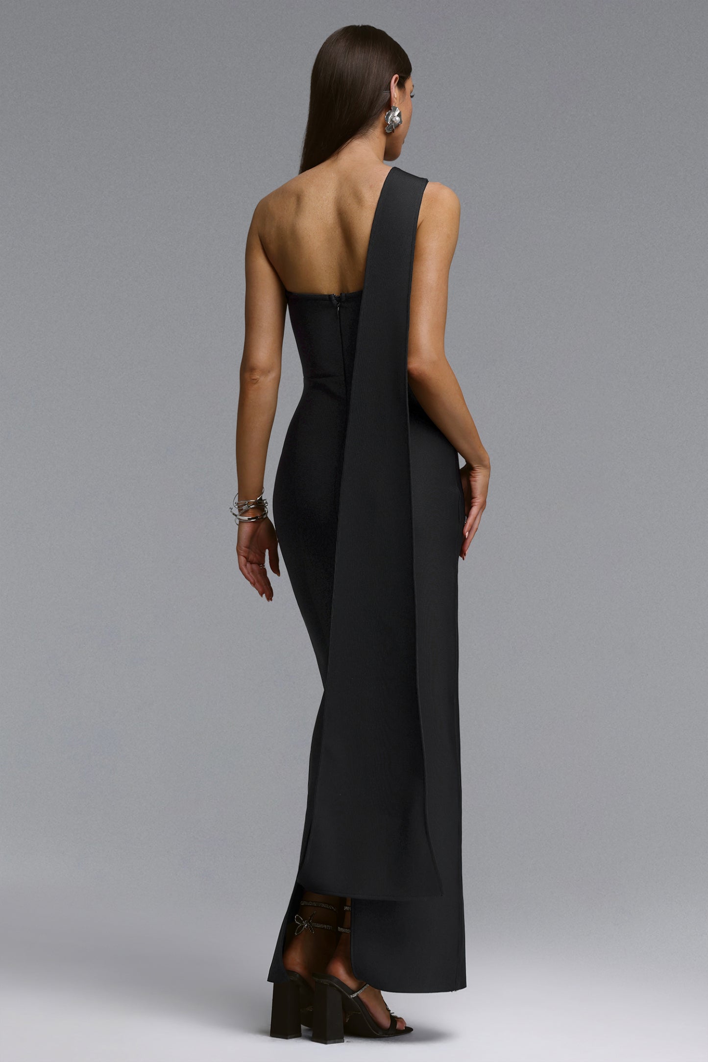 Fritia Elegant Contour One Shoulder Rhinestone Floral Bandage Maxi Dress