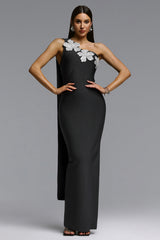 Fritia Elegant Contour One Shoulder Rhinestone Floral Bandage Maxi Dress