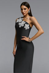 Fritia Elegant Contour One Shoulder Rhinestone Floral Bandage Maxi Dress