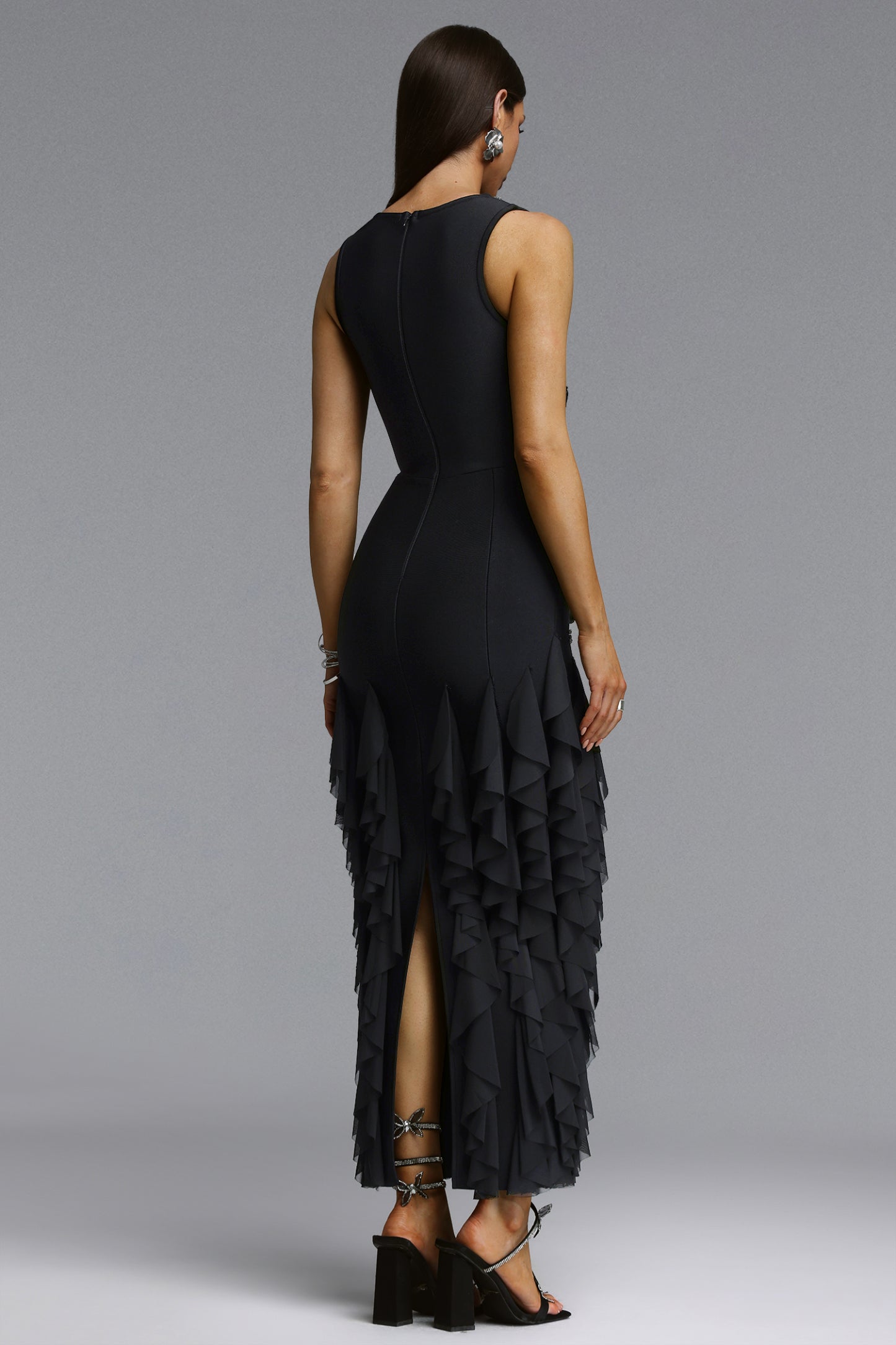 Ogaka Chic Contour Rhinestone Floral Bandage Black Maxi Dress