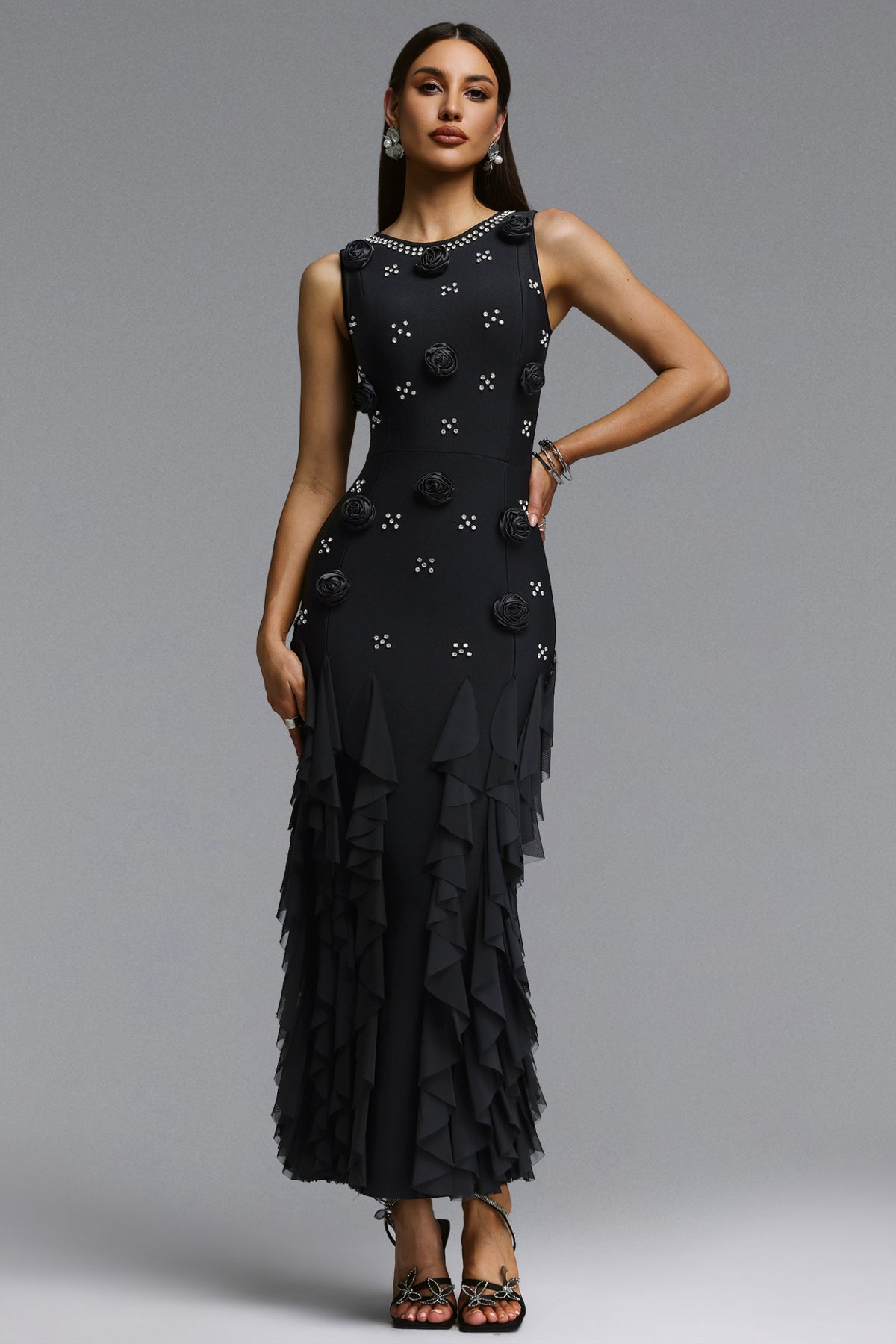 Ogaka Chic Contour Rhinestone Floral Bandage Black Maxi Dress