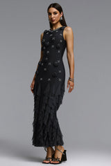 Ogaka Chic Contour Rhinestone Floral Bandage Black Maxi Dress