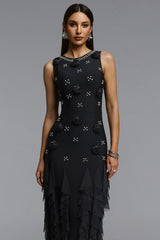 Ogaka Chic Contour Rhinestone Floral Bandage Black Maxi Dress