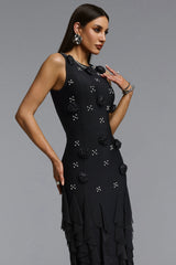 Ogaka Chic Contour Rhinestone Floral Bandage Black Maxi Dress