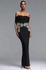 Zavala Elegant Contour Off Shoulder Sheer Floral Bandage Black Maxi Dress