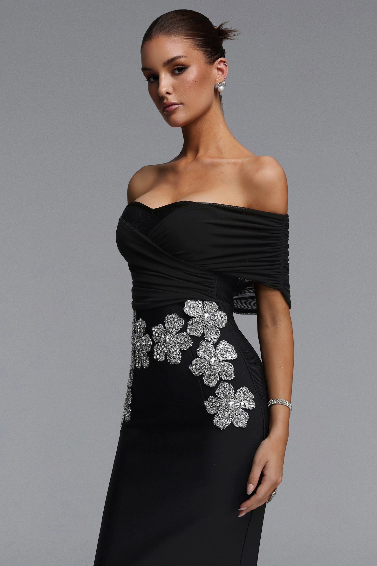 Zavala Elegant Contour Off Shoulder Sheer Floral Bandage Black Maxi Dress