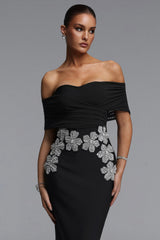 Zavala Elegant Contour Off Shoulder Sheer Floral Bandage Black Maxi Dress