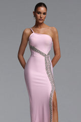 Stolen Chic Contour One Shoulder Crystal Embellished Slit Bandage Maxi Dress
