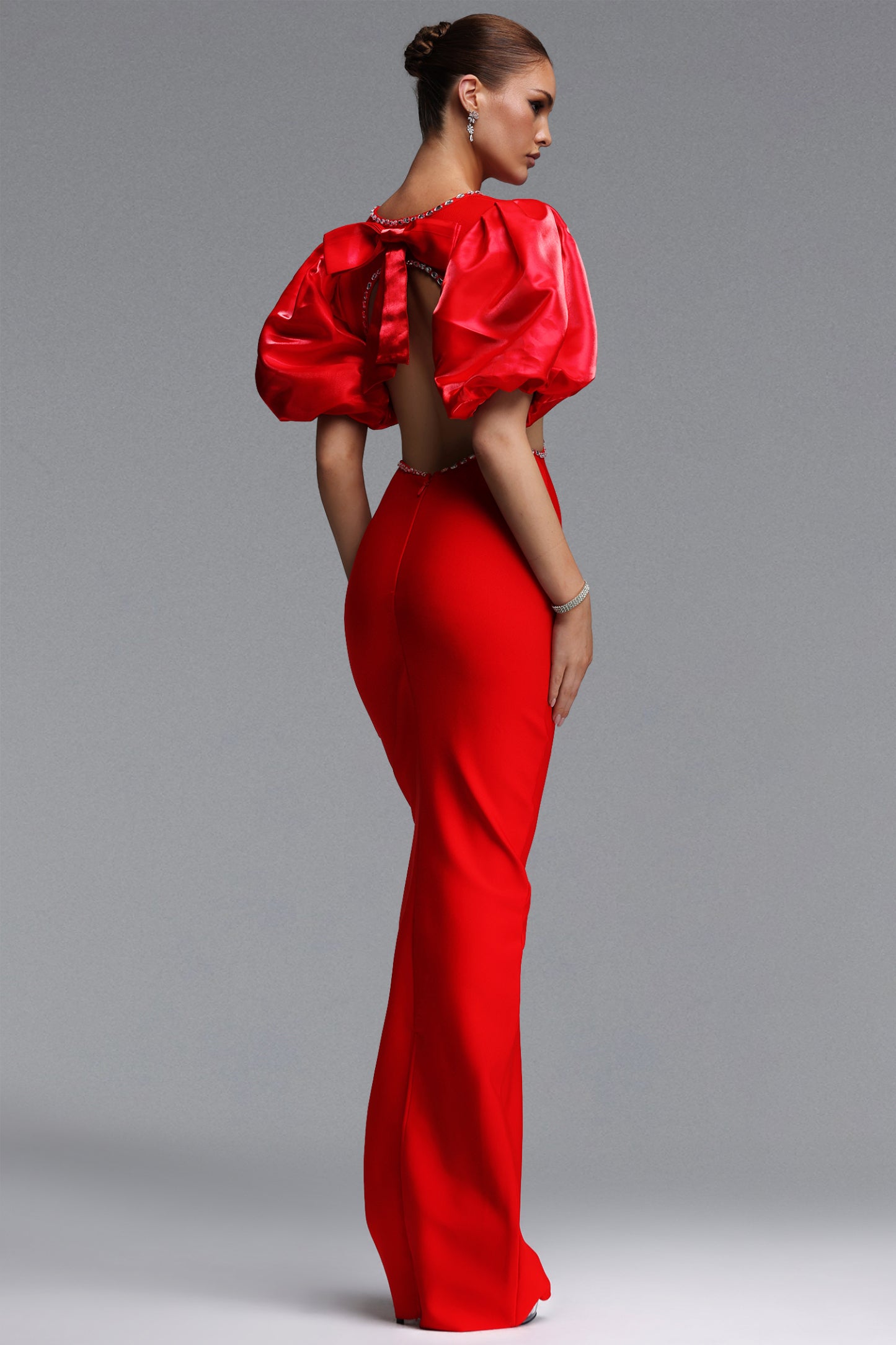 Waner Romantic Contour Puff Sleeve Cut Out Rhinestone Bandage Maxi Dress