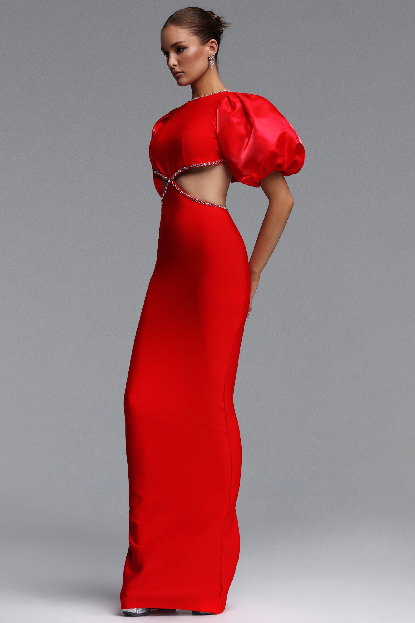 Waner Romantic Contour Puff Sleeve Cut Out Rhinestone Bandage Maxi Dress