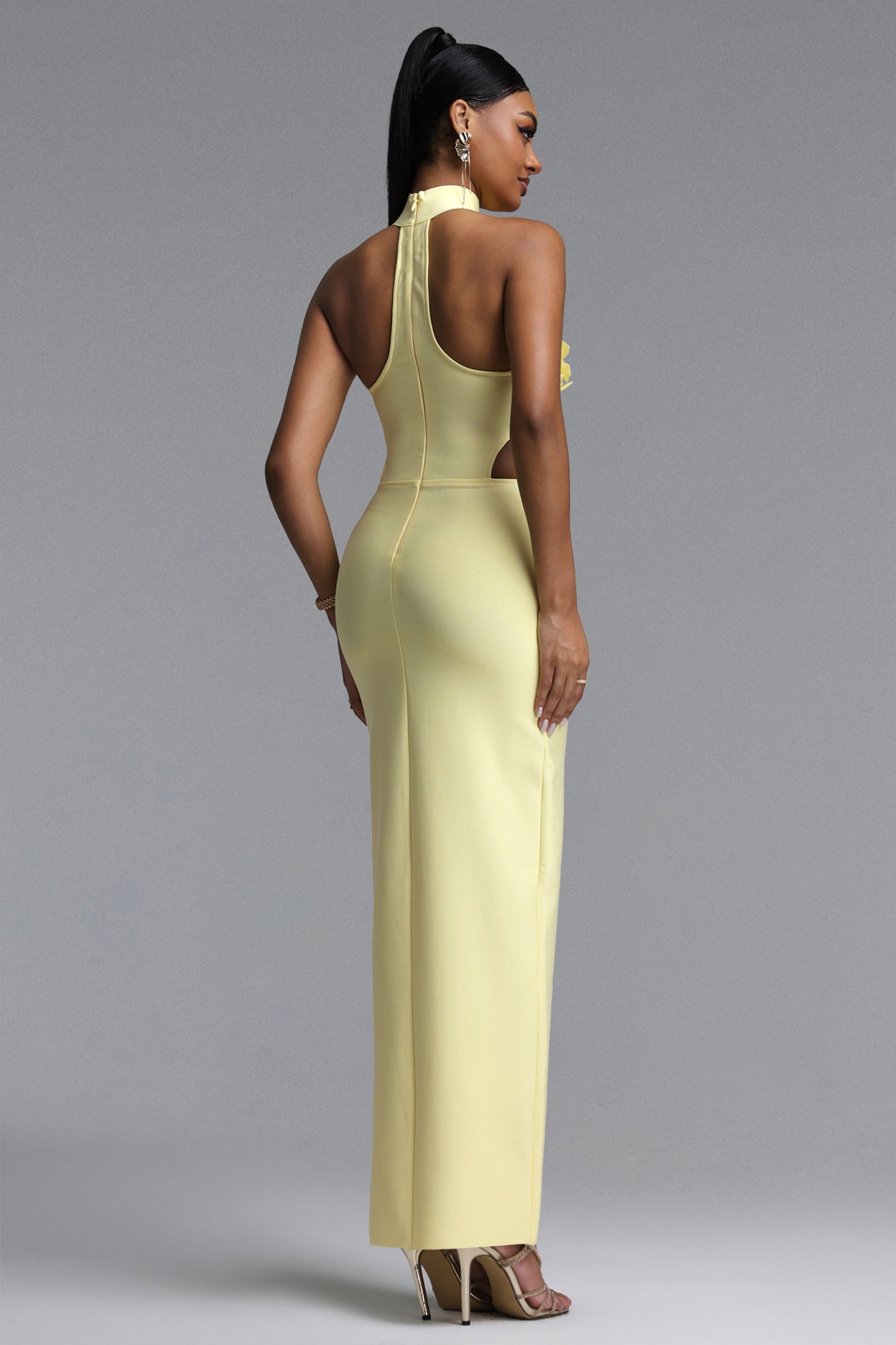 Miriam Chic Contour Halter Cut Out High Slit Floral Bandage Yellow Maxi Dress