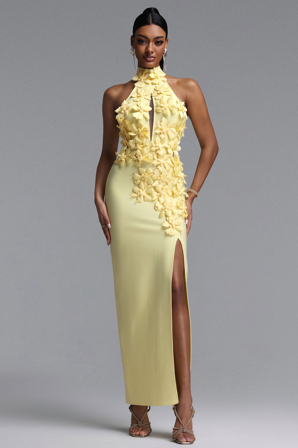 Miriam Chic Contour Halter Cut Out High Slit Floral Bandage Yellow Maxi Dress