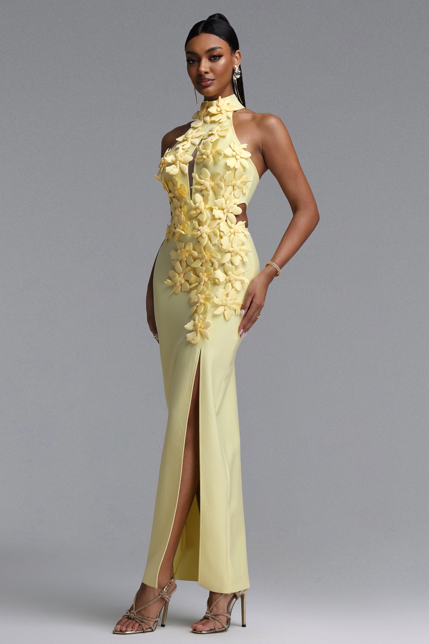 Miriam Chic Contour Halter Cut Out High Slit Floral Bandage Yellow Maxi Dress