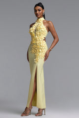 Miriam Chic Contour Halter Cut Out High Slit Floral Bandage Yellow Maxi Dress