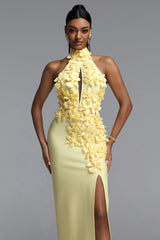 Miriam Chic Contour Halter Cut Out High Slit Floral Bandage Yellow Maxi Dress