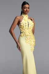 Miriam Chic Contour Halter Cut Out High Slit Floral Bandage Yellow Maxi Dress