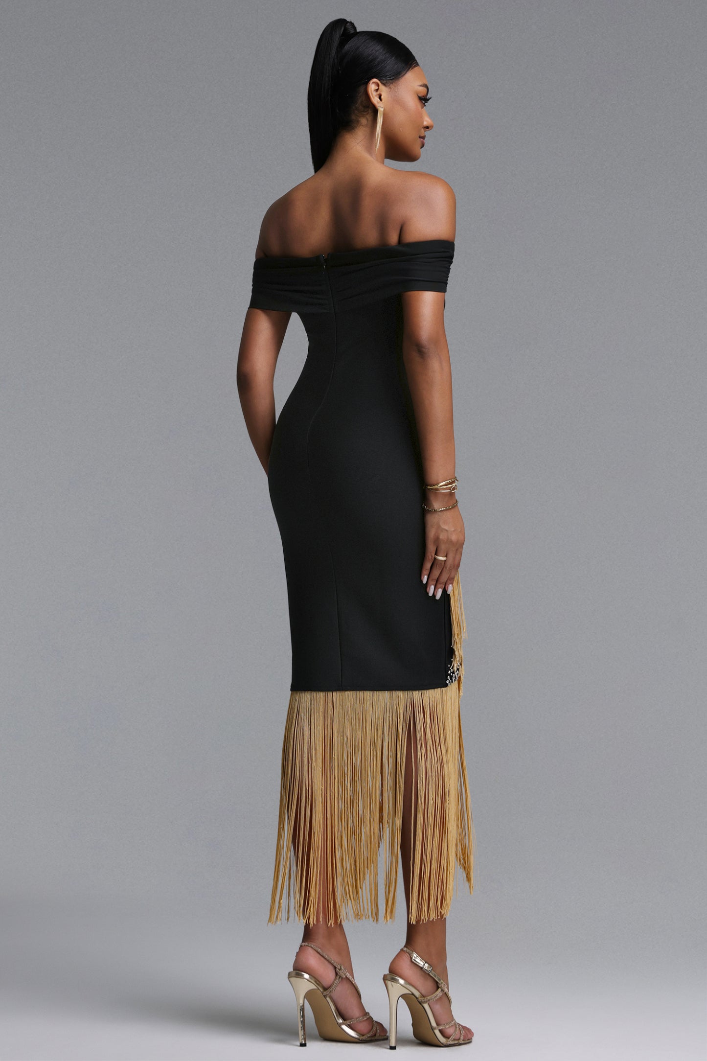 Tata Chic Contour Off Shoulder Gold Fringe Bandage Maxi Dress