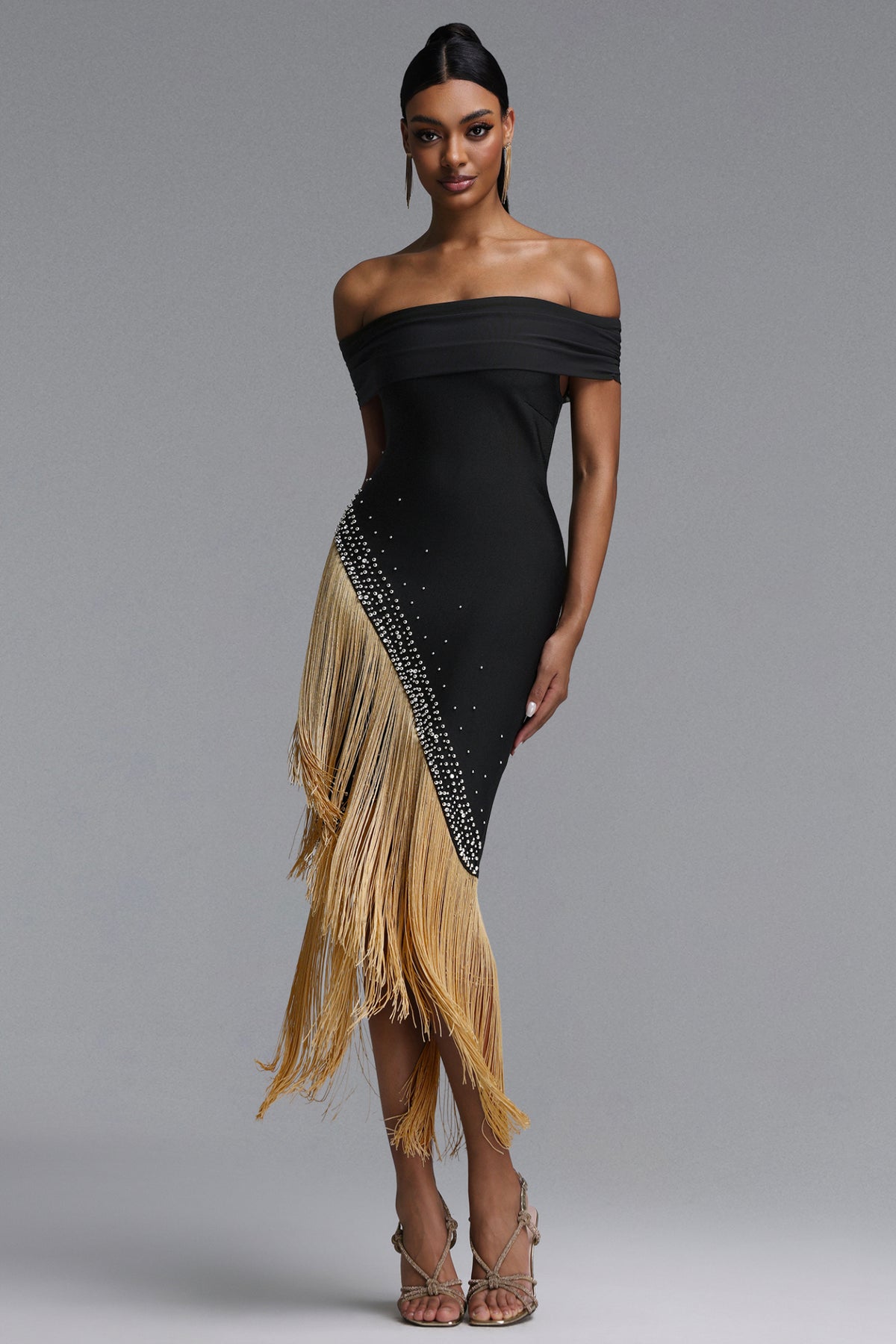 Tata Chic Contour Off Shoulder Gold Fringe Bandage Maxi Dress