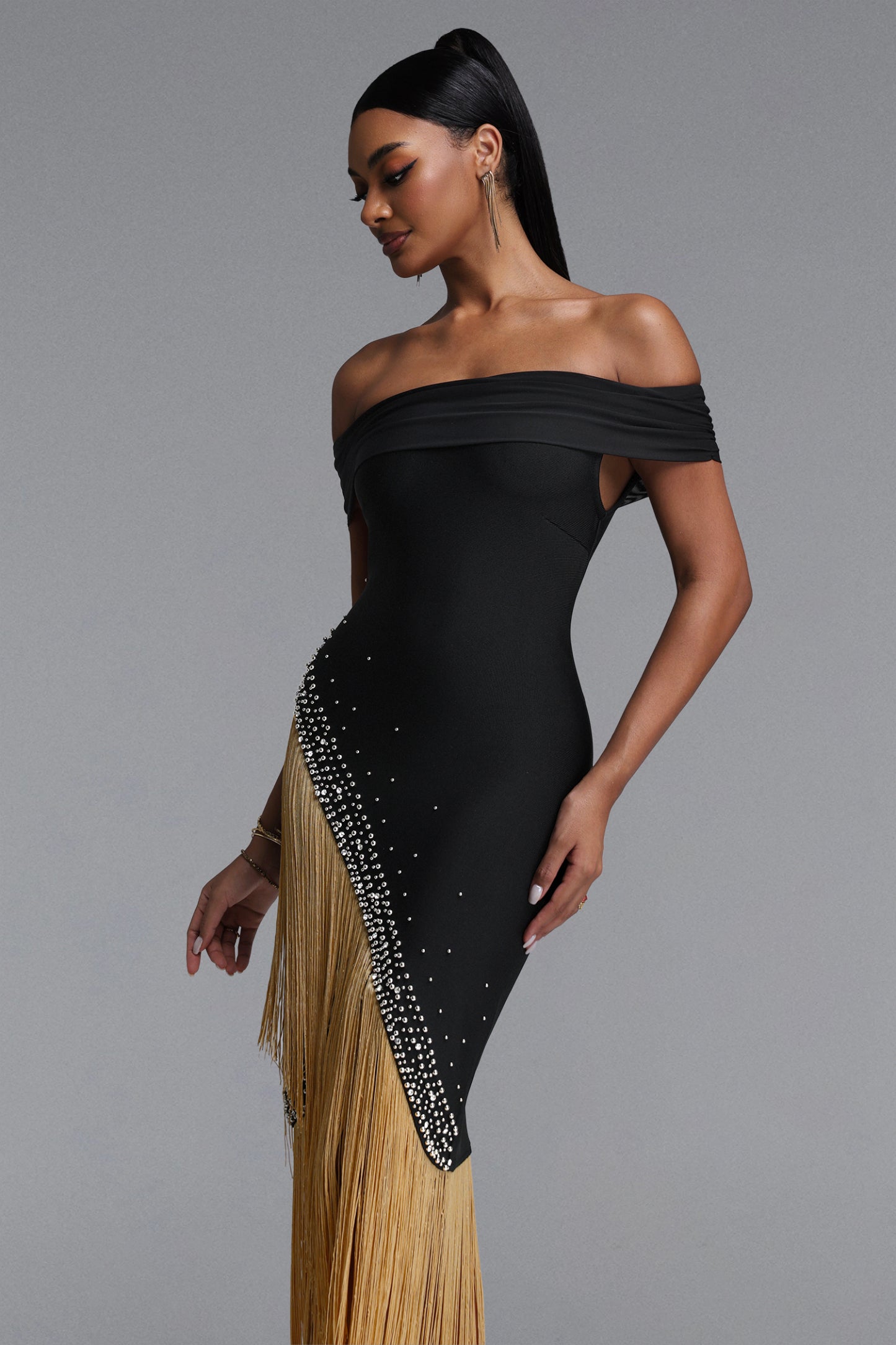 Tata Chic Contour Off Shoulder Gold Fringe Bandage Maxi Dress