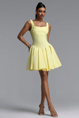 Wynter Elegant Contour Wide Strap Square Neck Pleated Skater Bandage Mini Dress