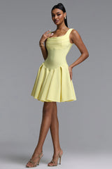 Wynter Elegant Contour Wide Strap Square Neck Pleated Skater Bandage Mini Dress