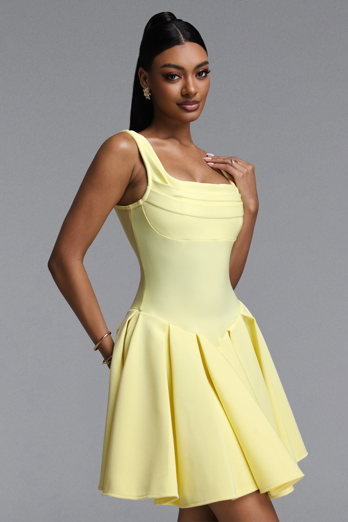 Wynter Elegant Contour Wide Strap Square Neck Pleated Skater Bandage Mini Dress