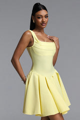 Wynter Elegant Contour Wide Strap Square Neck Pleated Skater Bandage Mini Dress