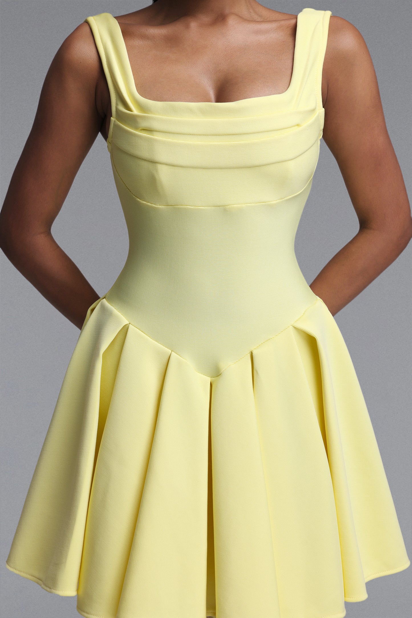 Wynter Elegant Contour Wide Strap Square Neck Pleated Skater Bandage Mini Dress