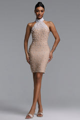Riela Sexy Fitted High Neck Halter Pearl Embellished Bandge Mini Dress