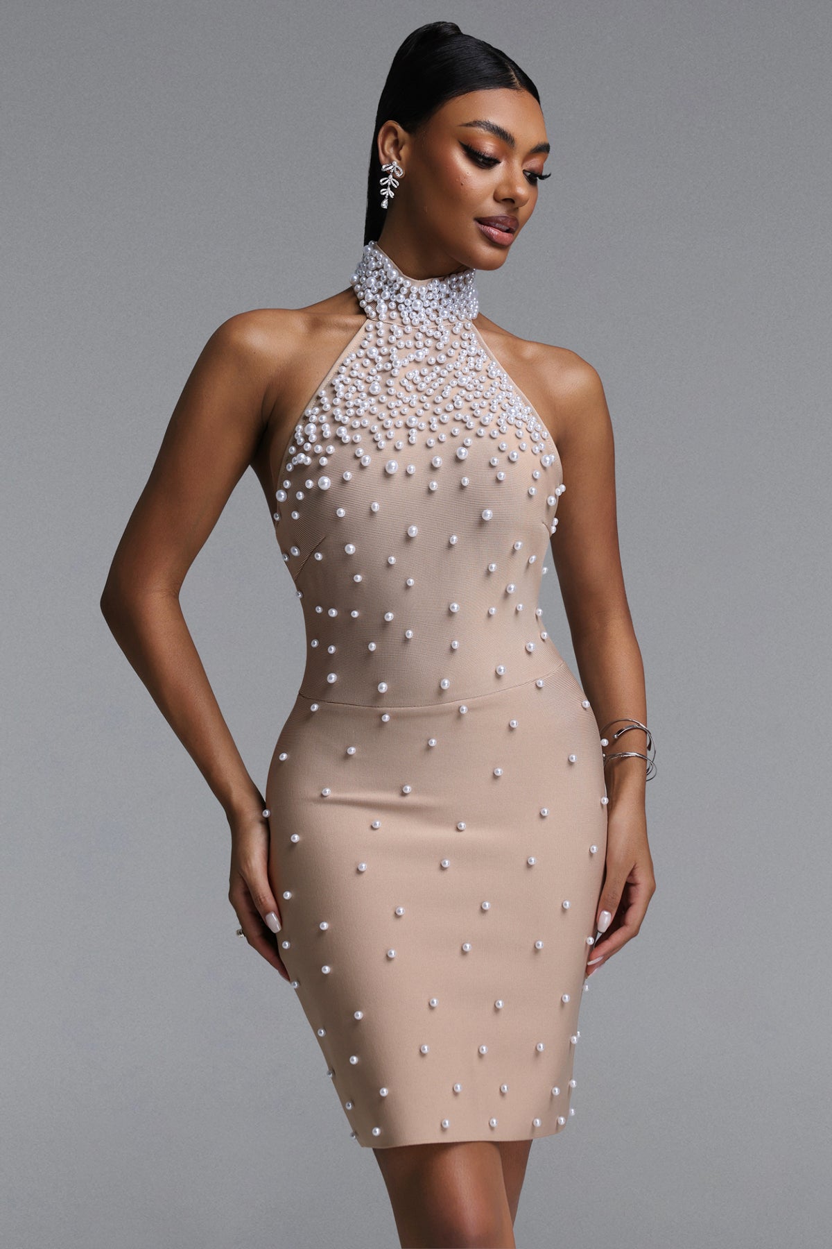 Riela Sexy Fitted High Neck Halter Pearl Embellished Bandge Mini Dress
