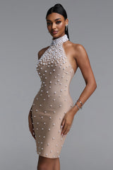 Riela Sexy Fitted High Neck Halter Pearl Embellished Bandge Mini Dress