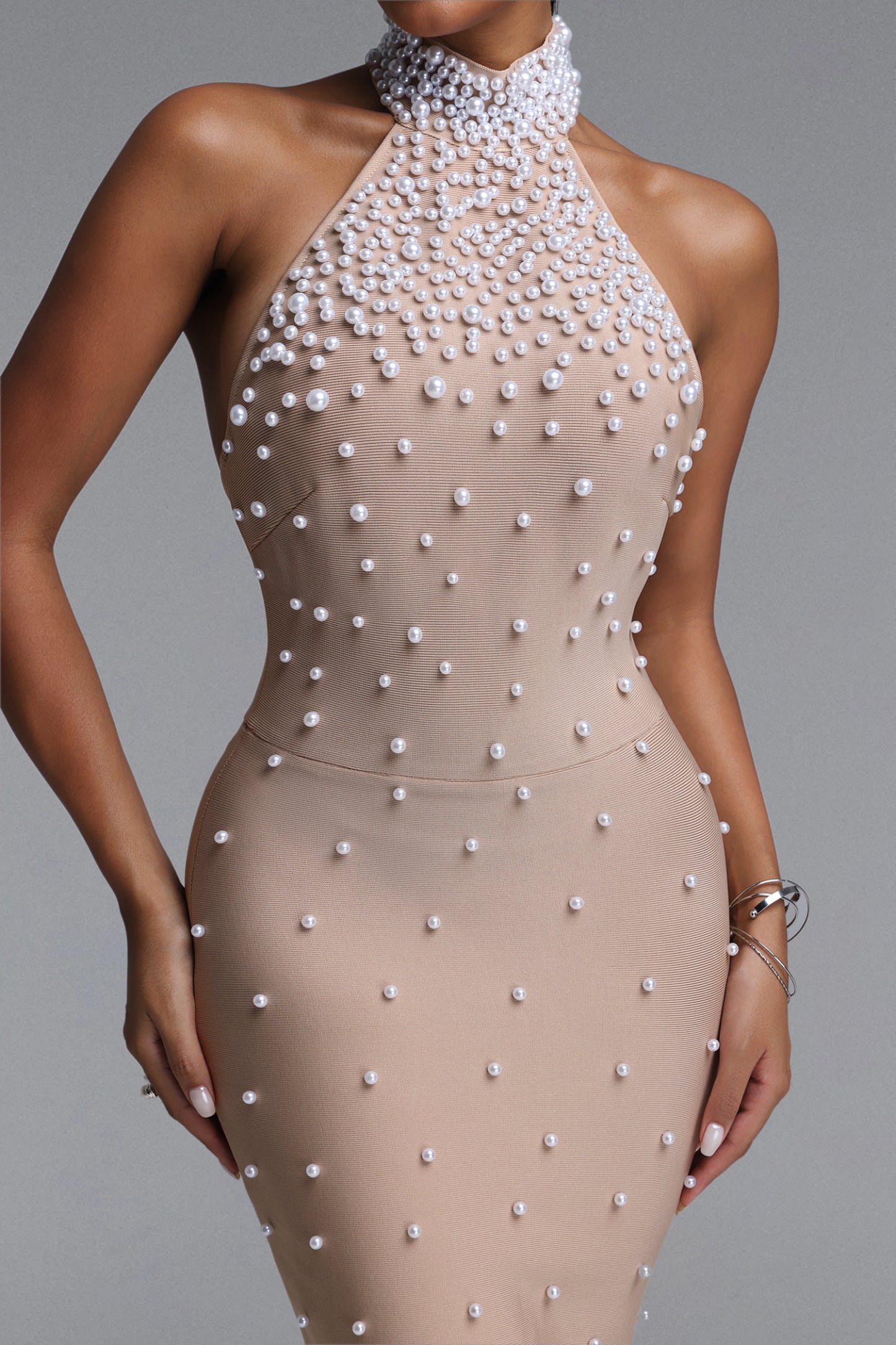 Riela Sexy Fitted High Neck Halter Pearl Embellished Bandge Mini Dress
