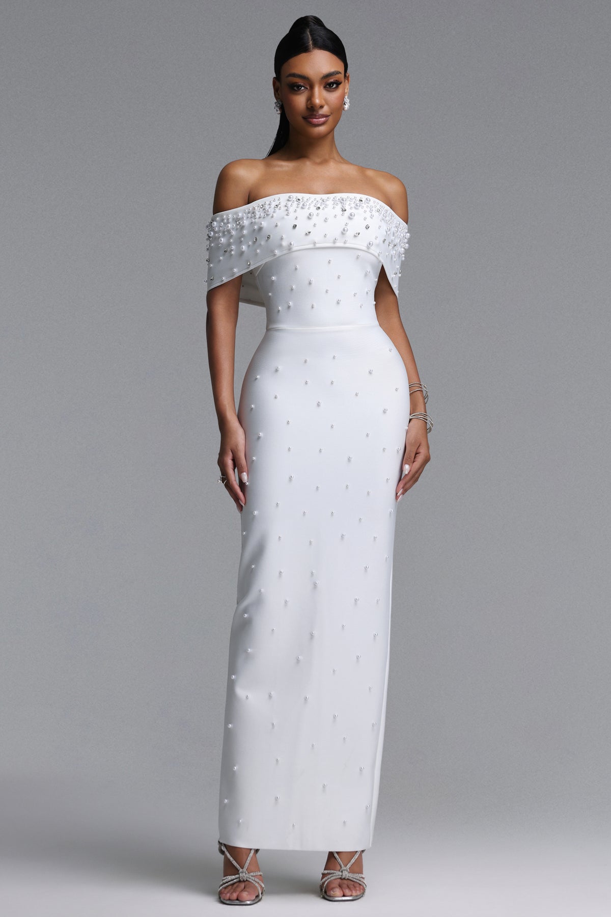 Isme Elegant Contour Off Shoulder Pearl Rhinestone Bandage White Maxi Dress