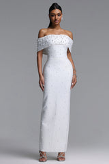 Isme Elegant Contour Off Shoulder Pearl Rhinestone Bandage White Maxi Dress